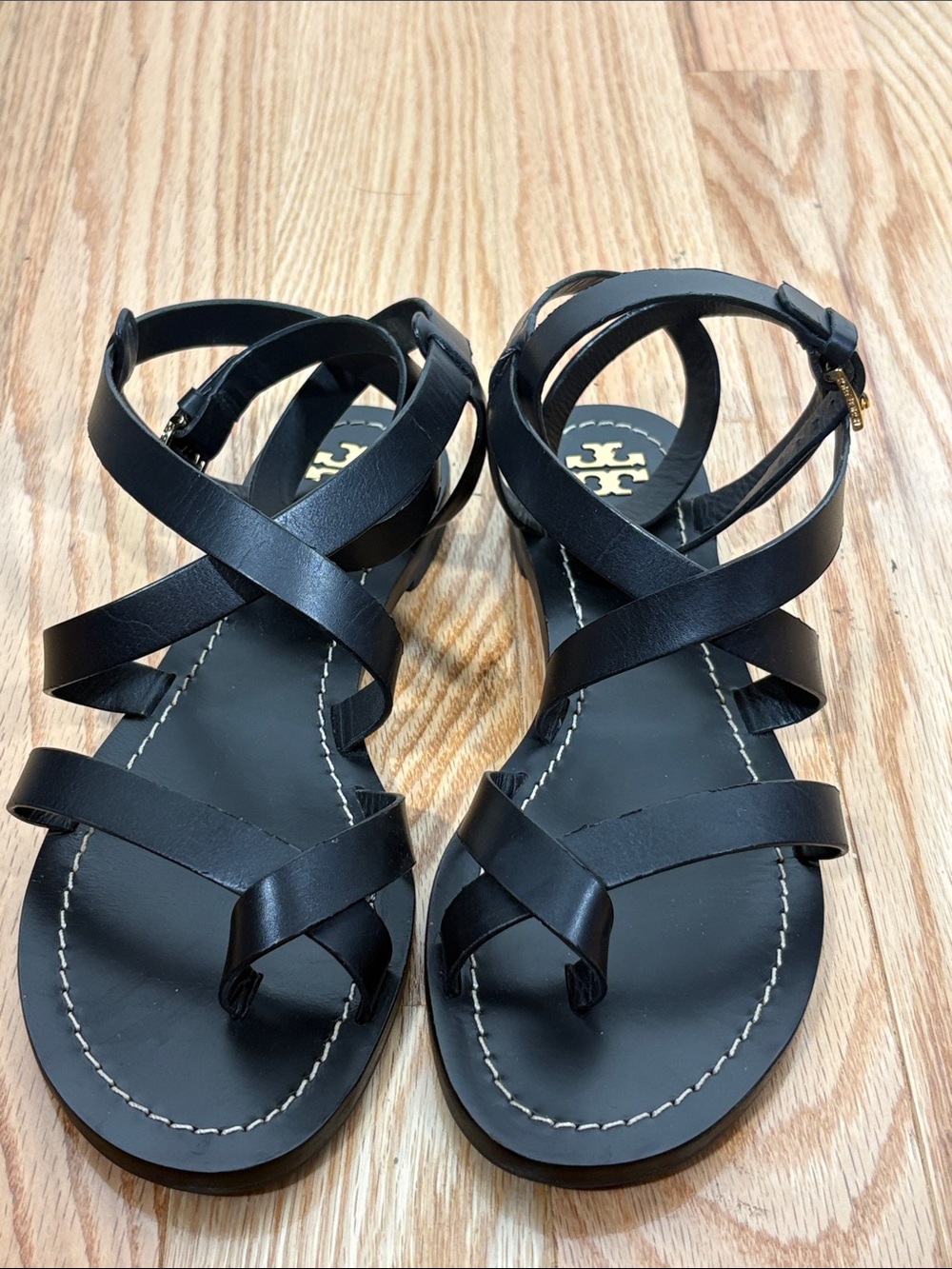Tory Burch Black Leather Strappy Ankle Wrap Sandals - Picture 2 of 5